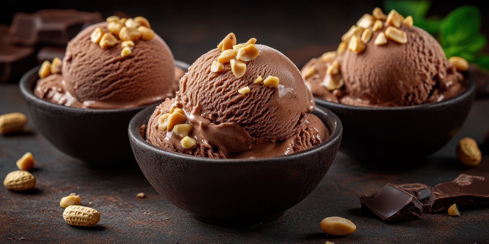 Chocolate ice cream with nuts served in elegant bowls at dessert time in a cozy setting